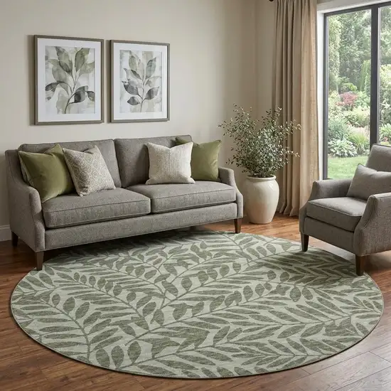 8' Fern Green And Ivory Botanical Leaves Washable Round Rug With UV Protection Photo 1