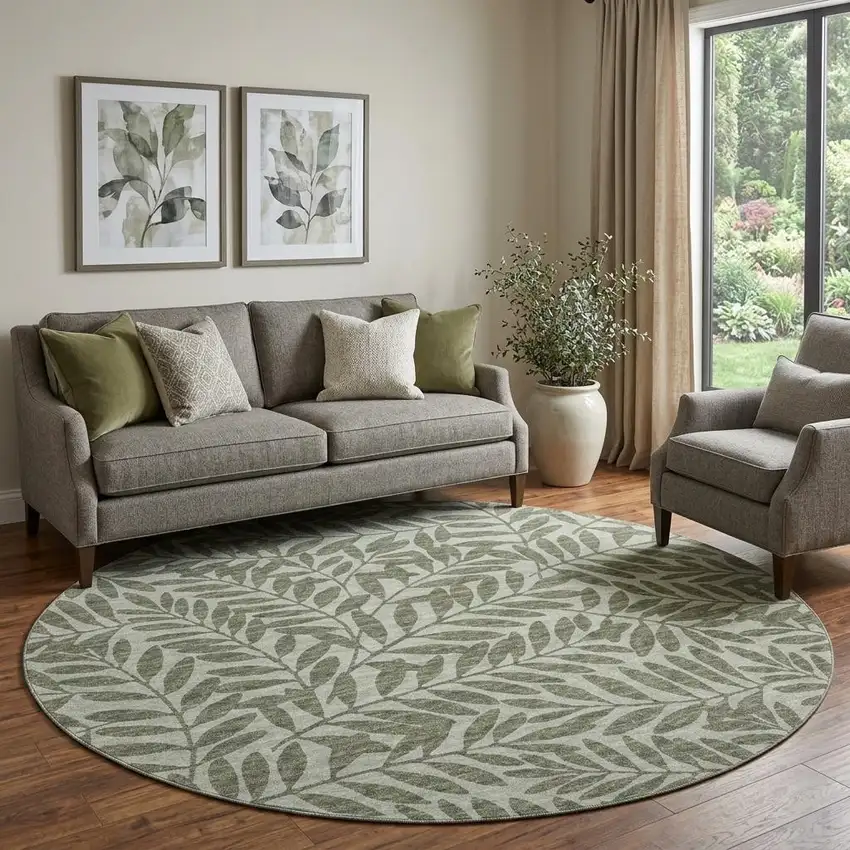 8' Fern Green And Ivory Botanical Leaves Washable Round Rug With UV Protection Photo 1