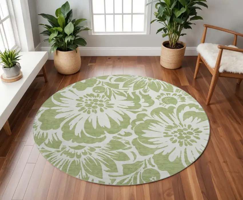 8' Fern Green And Ivory Floral Washable Round Rug With UV Protection Photo 2