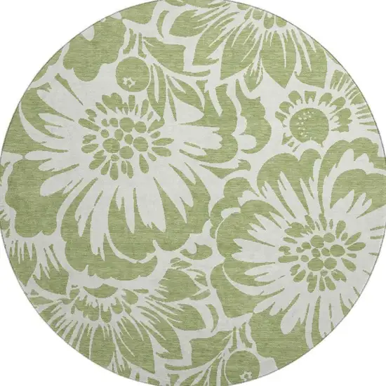 8' Fern Green And Ivory Floral Washable Round Rug With UV Protection Photo 4