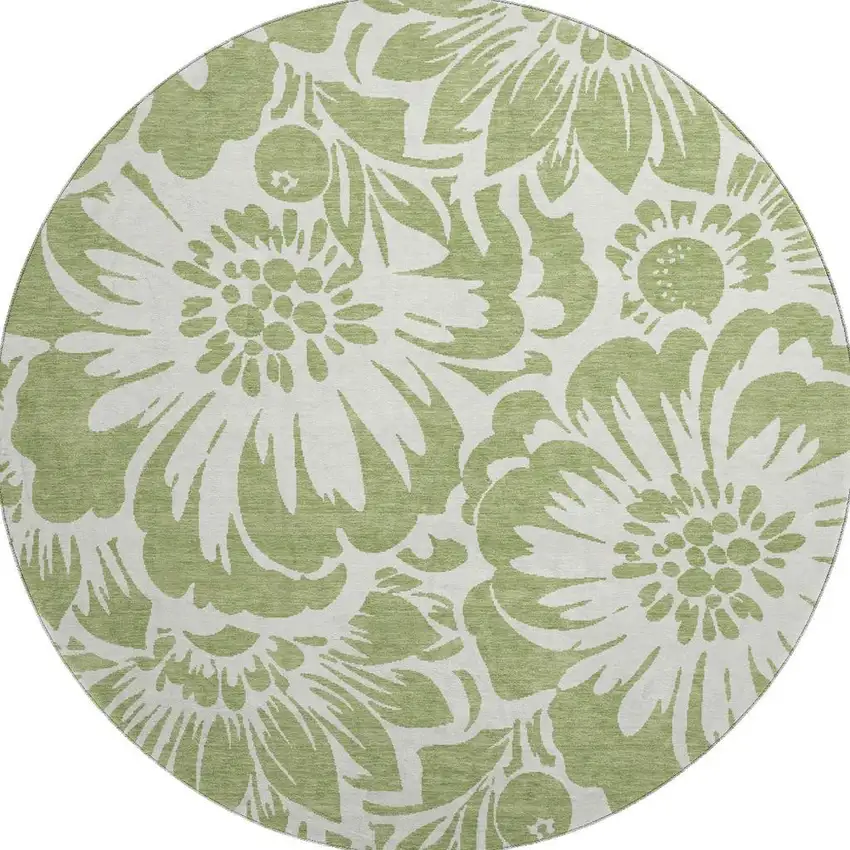 8' Fern Green And Ivory Floral Washable Round Rug With UV Protection Photo 4