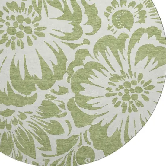 8' Fern Green And Ivory Floral Washable Round Rug With UV Protection Photo 3