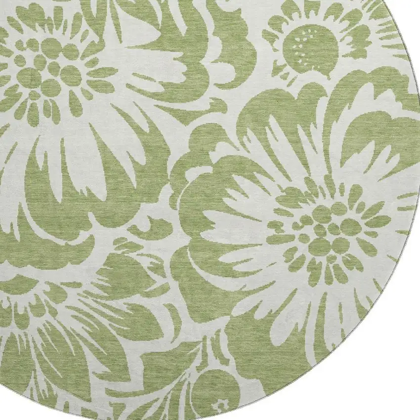 8' Fern Green And Ivory Floral Washable Round Rug With UV Protection Photo 3