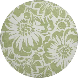 Photo of 8' Fern Green And Ivory Floral Washable Round Rug With UV Protection