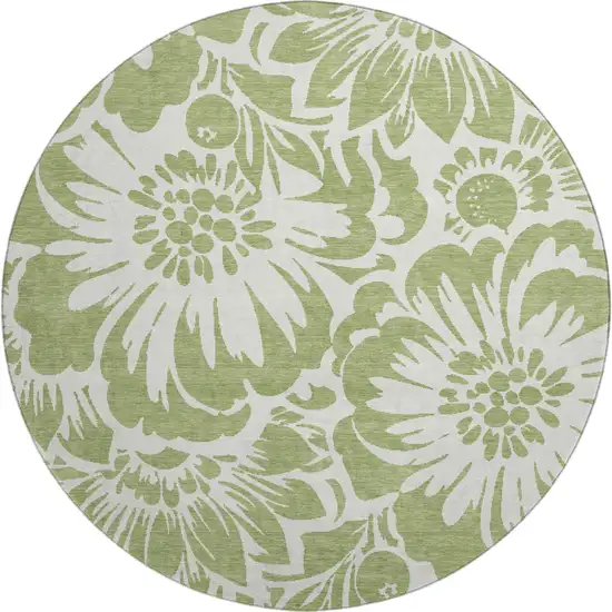 8' Fern Green And Ivory Floral Washable Round Rug With UV Protection Photo 1