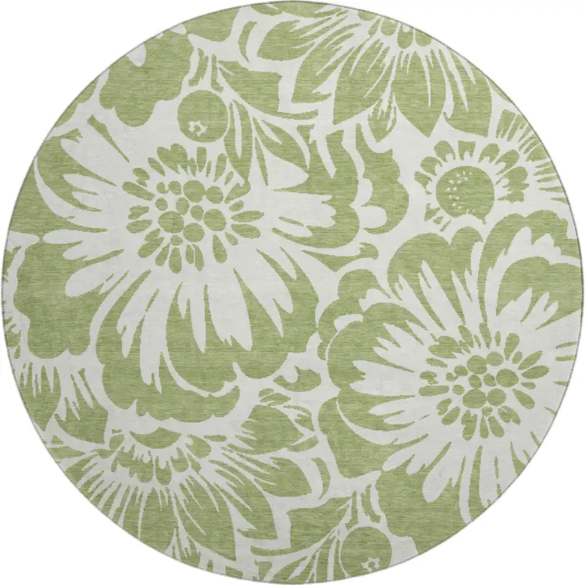 8' Fern Green And Ivory Floral Washable Round Rug With UV Protection Photo 1