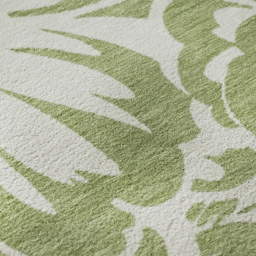 8' Fern Green And Ivory Floral Washable Round Rug With UV Protection Photo 9