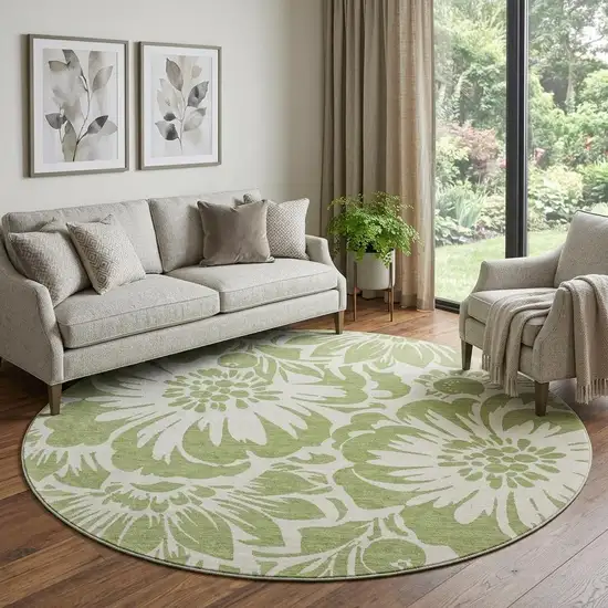 8' Fern Green And Ivory Floral Washable Round Rug With UV Protection Photo 1