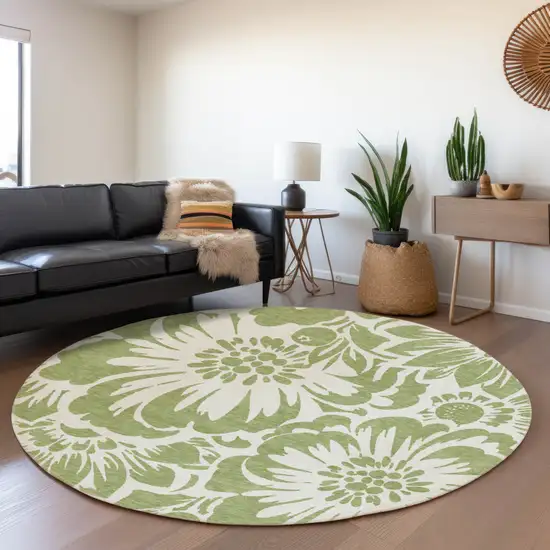 8' Fern Green And Ivory Floral Washable Round Rug With UV Protection Photo 5
