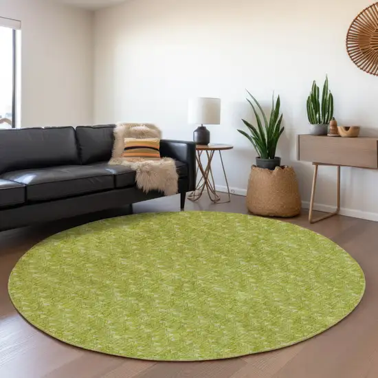 8' Fern Green And Ivory Geometric Washable Round Rug With UV Protection Photo 5