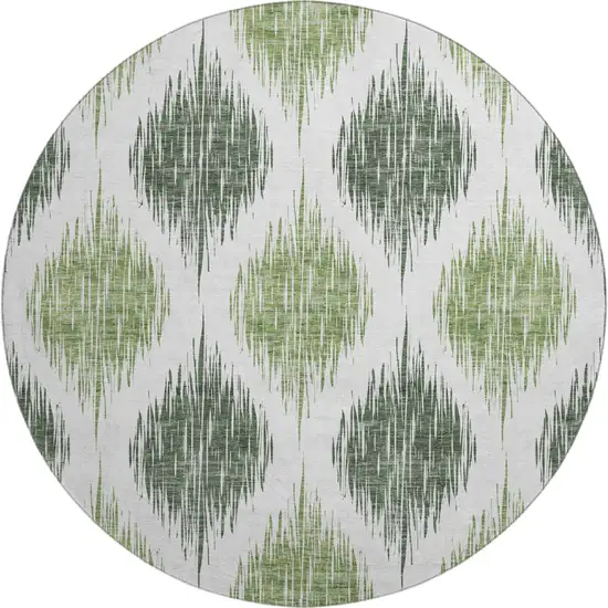 8' Fern Green And Ivory Ikat Washable Round Rug With UV Protection Photo 1