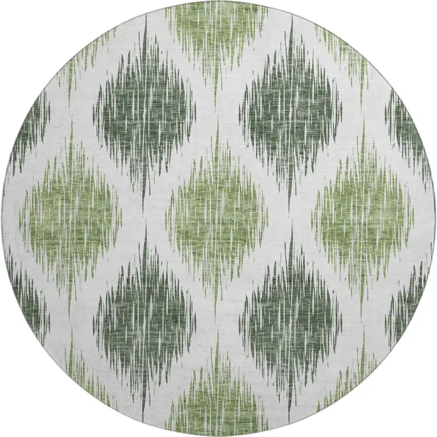8' Fern Green And Ivory Ikat Washable Round Rug With UV Protection Photo 1