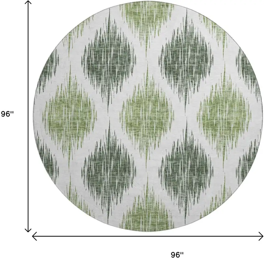 8' Fern Green And Ivory Ikat Washable Round Rug With UV Protection Photo 9