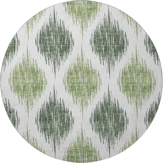 8' Fern Green And Ivory Ikat Washable Round Rug With UV Protection Photo 3
