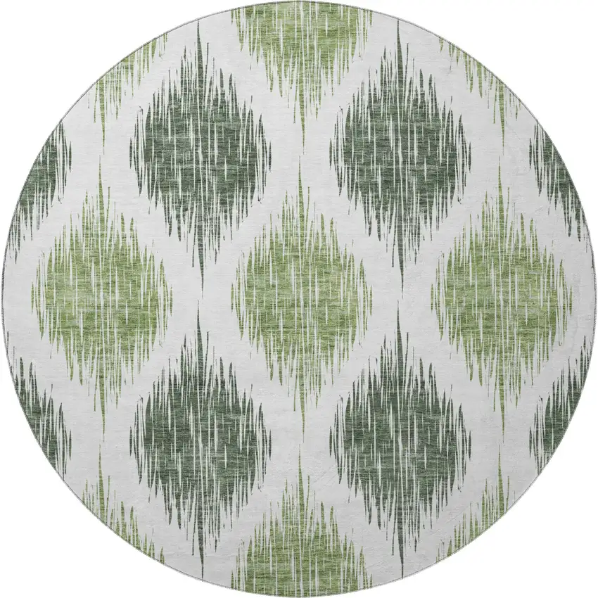 8' Fern Green And Ivory Ikat Washable Round Rug With UV Protection Photo 3