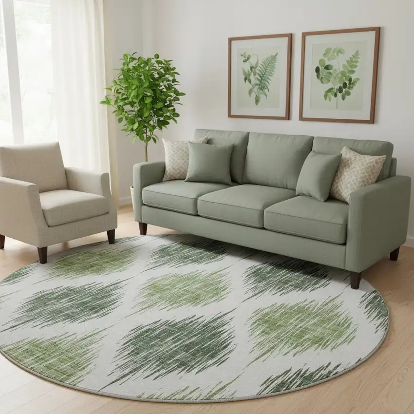 8' Fern Green And Ivory Ikat Washable Round Rug With UV Protection Photo 1