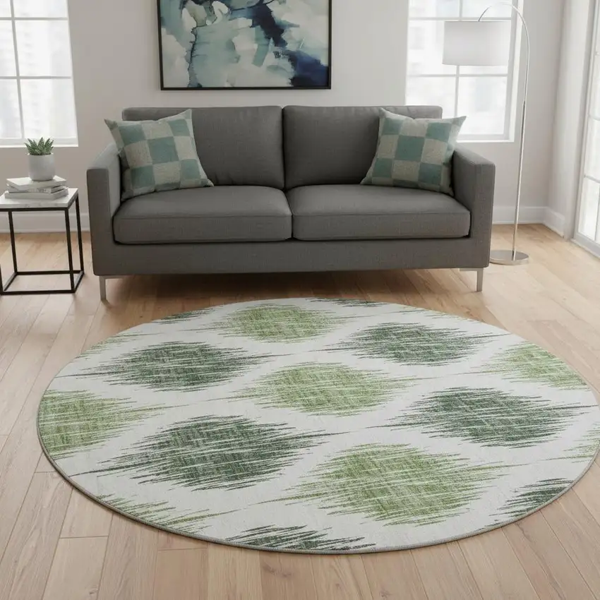 8' Fern Green And Ivory Ikat Washable Round Rug With UV Protection Photo 2