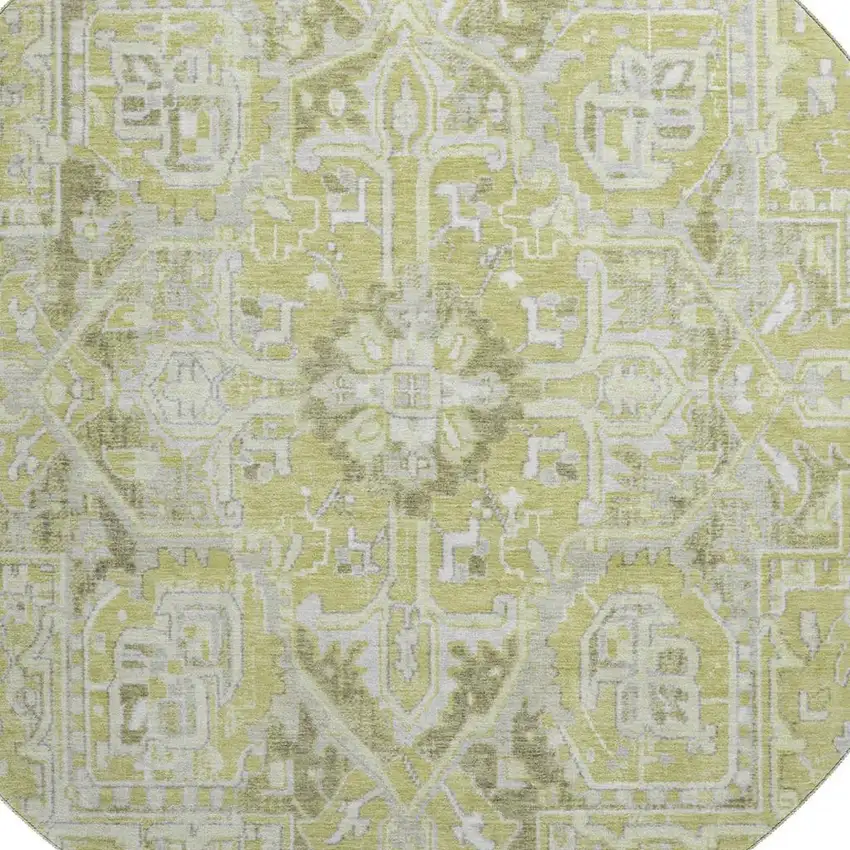 8' Fern Green And Ivory Oriental Washable Round Rug With UV Protection Photo 3