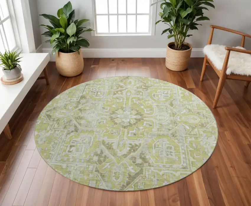 8' Fern Green And Ivory Oriental Washable Round Rug With UV Protection Photo 2
