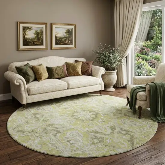 8' Fern Green And Ivory Oriental Washable Round Rug With UV Protection Photo 1