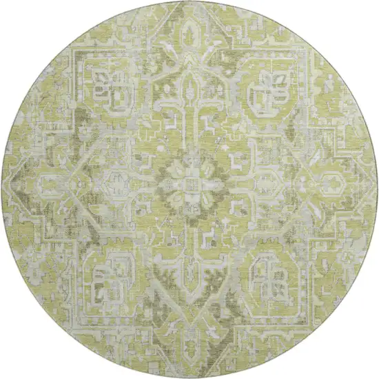 8' Fern Green And Ivory Oriental Washable Round Rug With UV Protection Photo 1