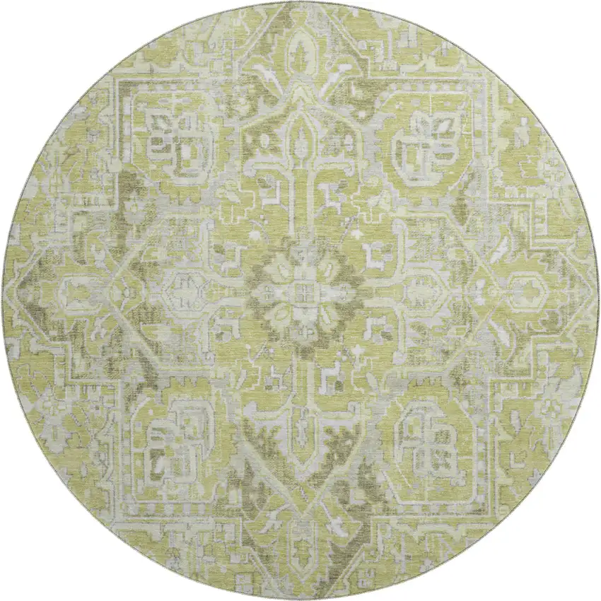 8' Fern Green And Ivory Oriental Washable Round Rug With UV Protection Photo 1