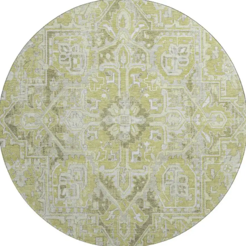8' Fern Green And Ivory Oriental Washable Round Rug With UV Protection Photo 4