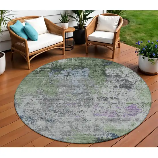 8' Fern Green And Ivory Round Abstract Washable Indoor Outdoor Area Rug Photo 2