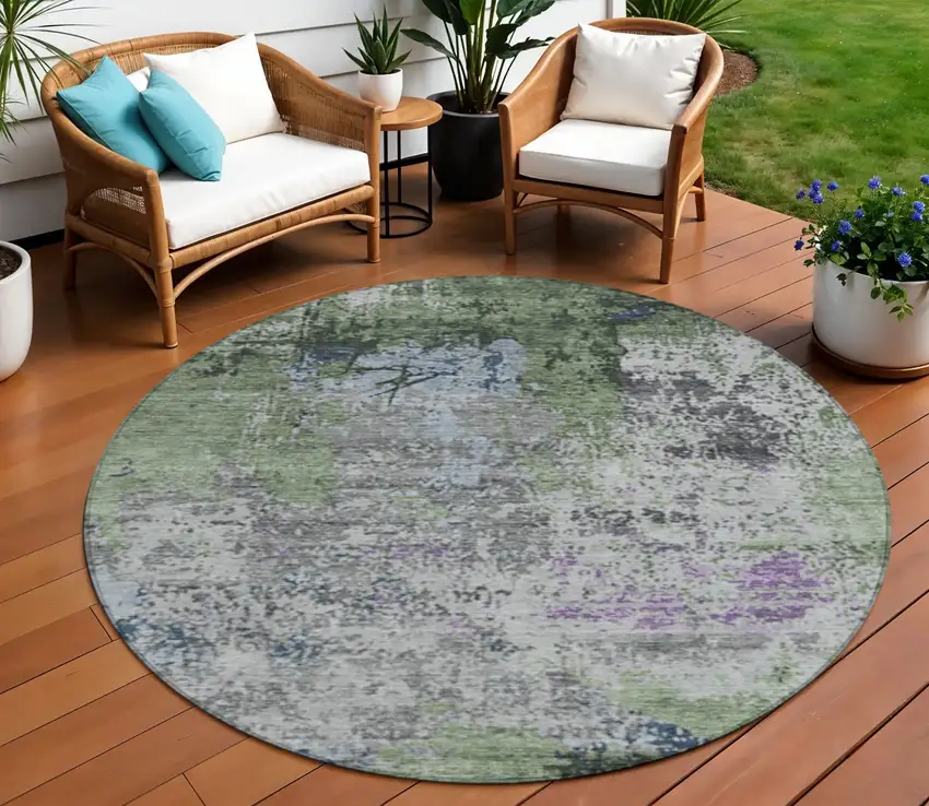8' Fern Green And Ivory Round Abstract Washable Indoor Outdoor Area Rug Photo 2
