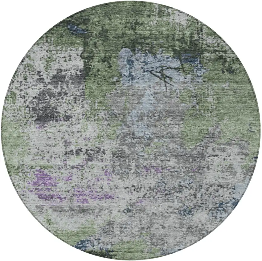 8' Fern Green And Ivory Round Abstract Washable Indoor Outdoor Area Rug Photo 4