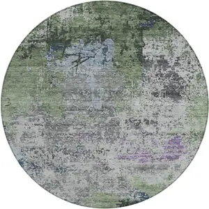 Photo of 8' Fern Green And Ivory Round Abstract Washable Indoor Outdoor Area Rug