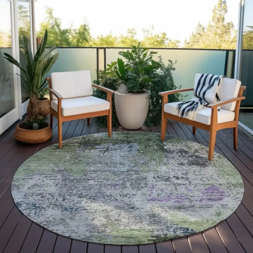 8' Fern Green And Ivory Round Abstract Washable Indoor Outdoor Area Rug Photo 5