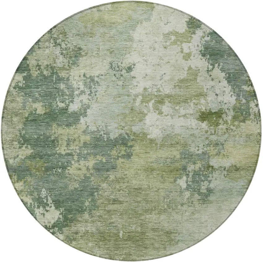 8' Fern Green And Ivory Round Abstract Washable Indoor Outdoor Area Rug Photo 3