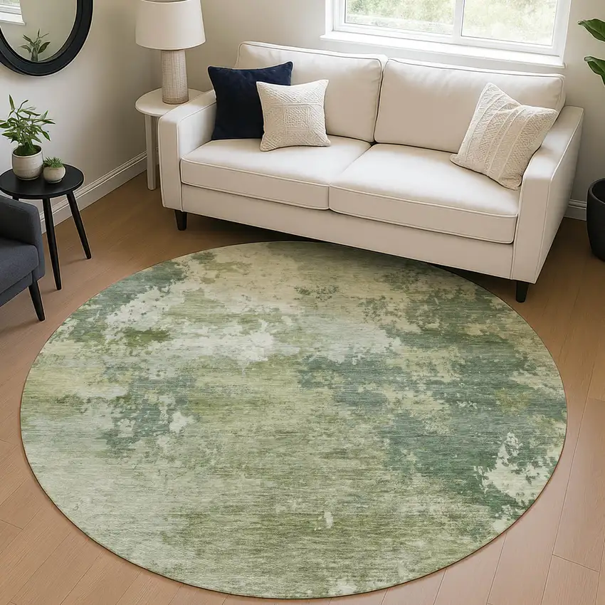 8' Fern Green And Ivory Round Abstract Washable Indoor Outdoor Area Rug Photo 5