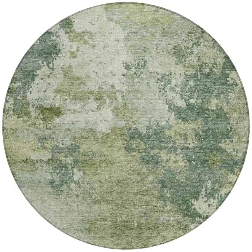 8' Fern Green And Ivory Round Abstract Washable Indoor Outdoor Area Rug Photo 2