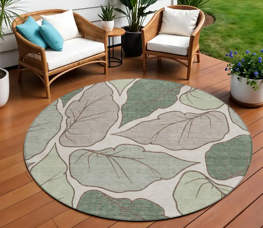 8' Fern Green And Ivory Round Botanical Leaves Washable Indoor Outdoor Area Rug Photo 1
