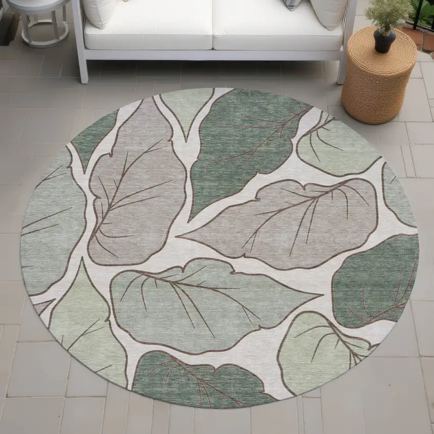 8' Fern Green And Ivory Round Botanical Leaves Washable Indoor Outdoor Area Rug Photo 7