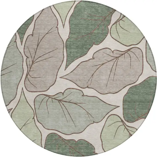 8' Fern Green And Ivory Round Botanical Leaves Washable Indoor Outdoor Area Rug Photo 2