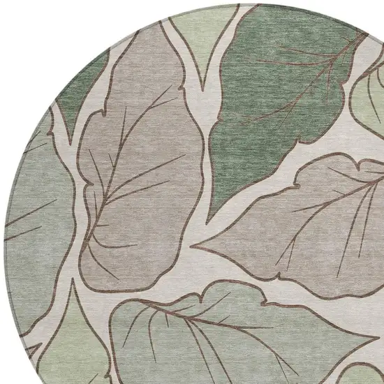 8' Fern Green And Ivory Round Botanical Leaves Washable Indoor Outdoor Area Rug Photo 6