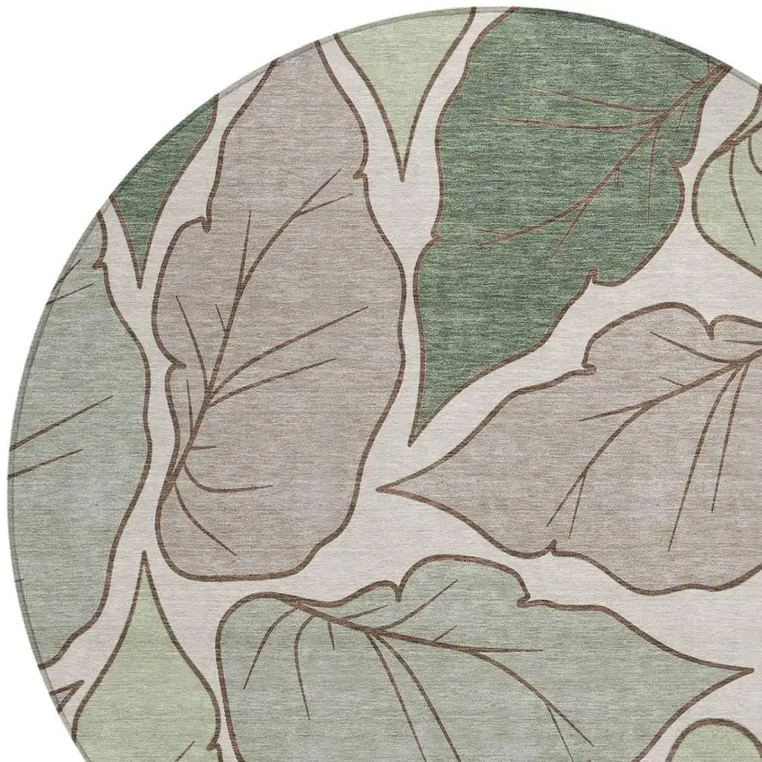 8' Fern Green And Ivory Round Botanical Leaves Washable Indoor Outdoor Area Rug Photo 6
