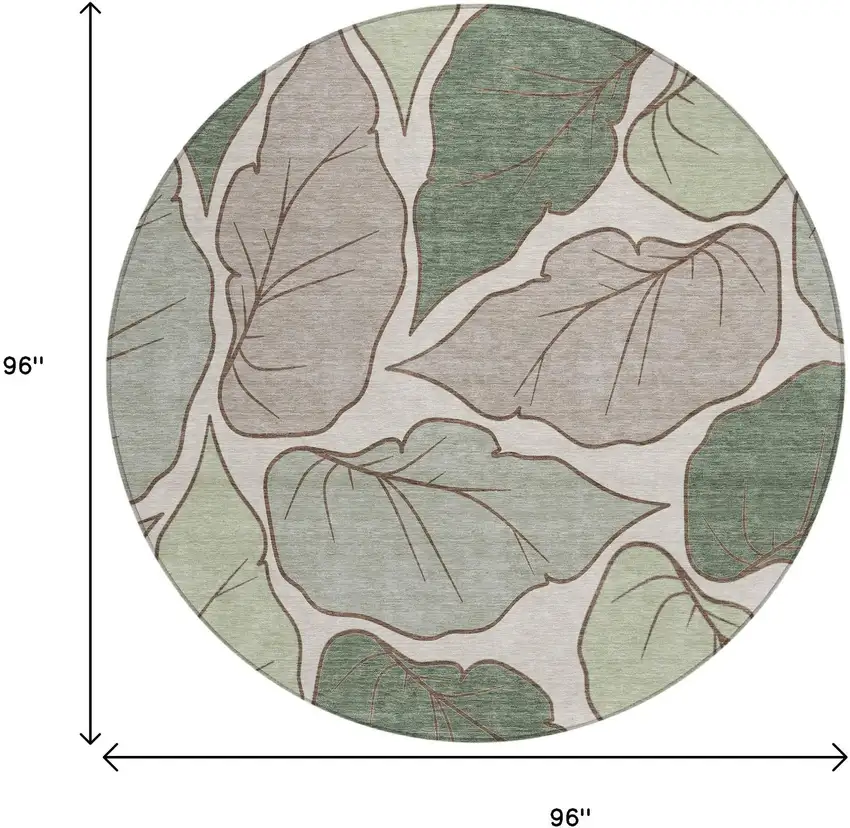 8' Fern Green And Ivory Round Botanical Leaves Washable Indoor Outdoor Area Rug Photo 3