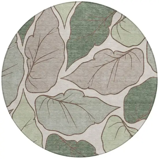 8' Fern Green And Ivory Round Botanical Leaves Washable Indoor Outdoor Area Rug Photo 4