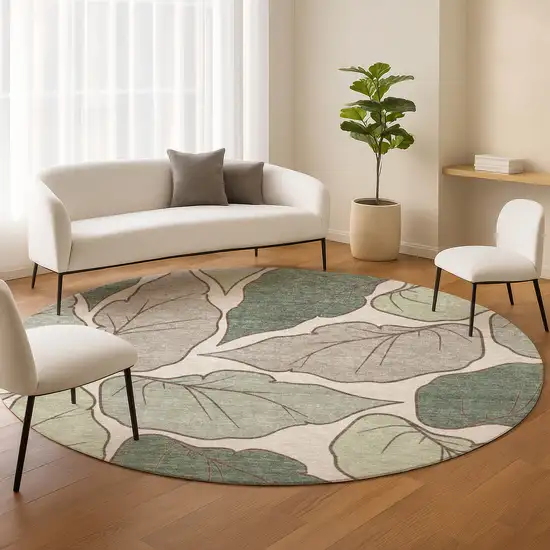 8' Fern Green And Ivory Round Botanical Leaves Washable Indoor Outdoor Area Rug Photo 9