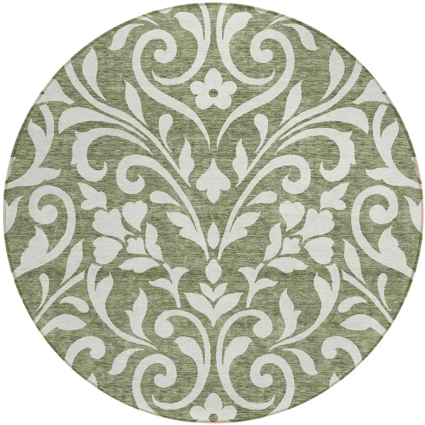 8' Fern Green And Ivory Round Floral Washable Indoor Outdoor Area Rug Photo 2