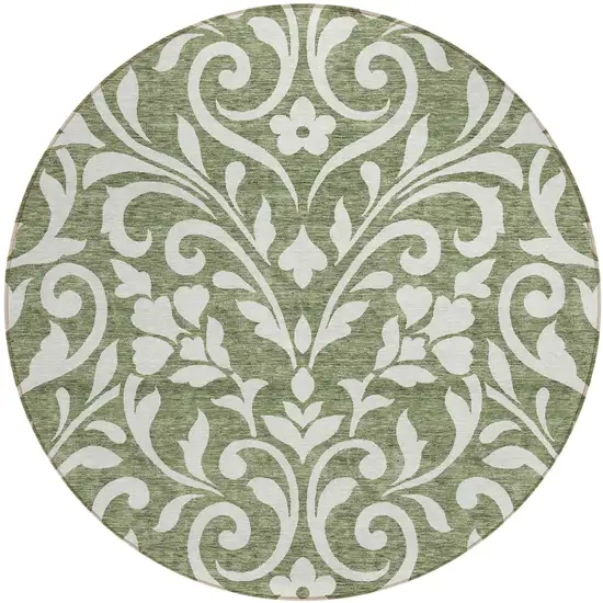 8' Fern Green And Ivory Round Floral Washable Indoor Outdoor Area Rug Photo 2