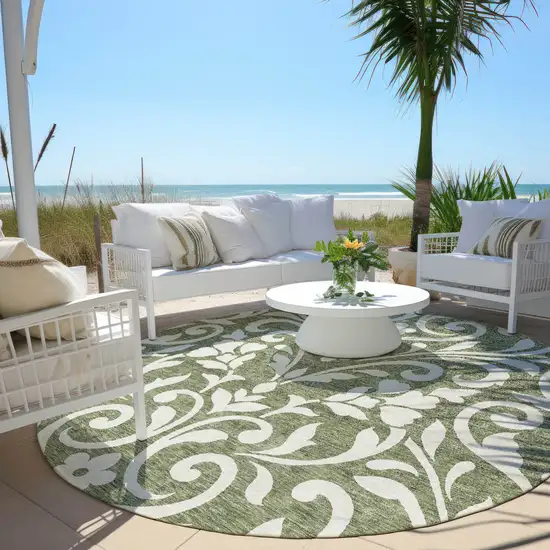 8' Fern Green And Ivory Round Floral Washable Indoor Outdoor Area Rug Photo 6