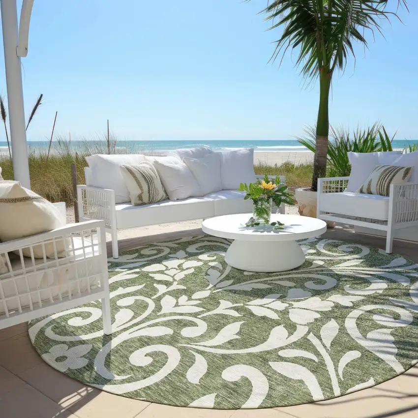 8' Fern Green And Ivory Round Floral Washable Indoor Outdoor Area Rug Photo 6