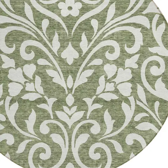 8' Fern Green And Ivory Round Floral Washable Indoor Outdoor Area Rug Photo 4