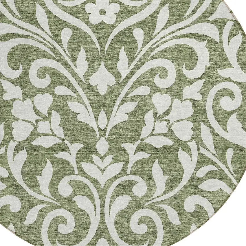 8' Fern Green And Ivory Round Floral Washable Indoor Outdoor Area Rug Photo 4