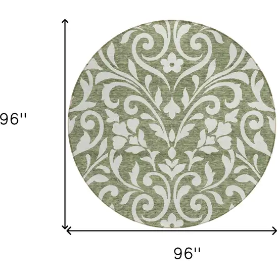 8' Fern Green And Ivory Round Floral Washable Indoor Outdoor Area Rug Photo 3